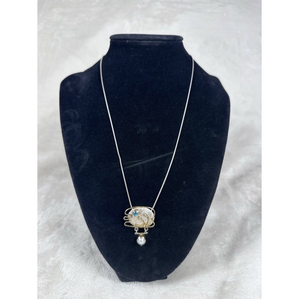 925 Sterling Silver Artisan Pearl Blue Stone Modern Pendant Necklace